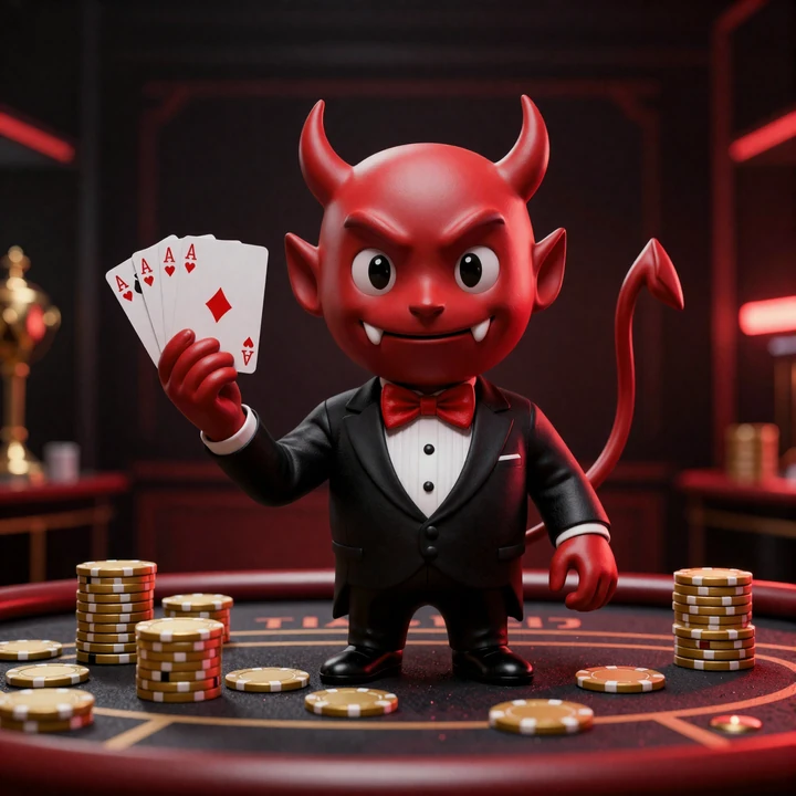 1Red Casino Maskottchen mit Spielkarten und goldenen Chips vor crimsonrotem VIP-Hintergrund